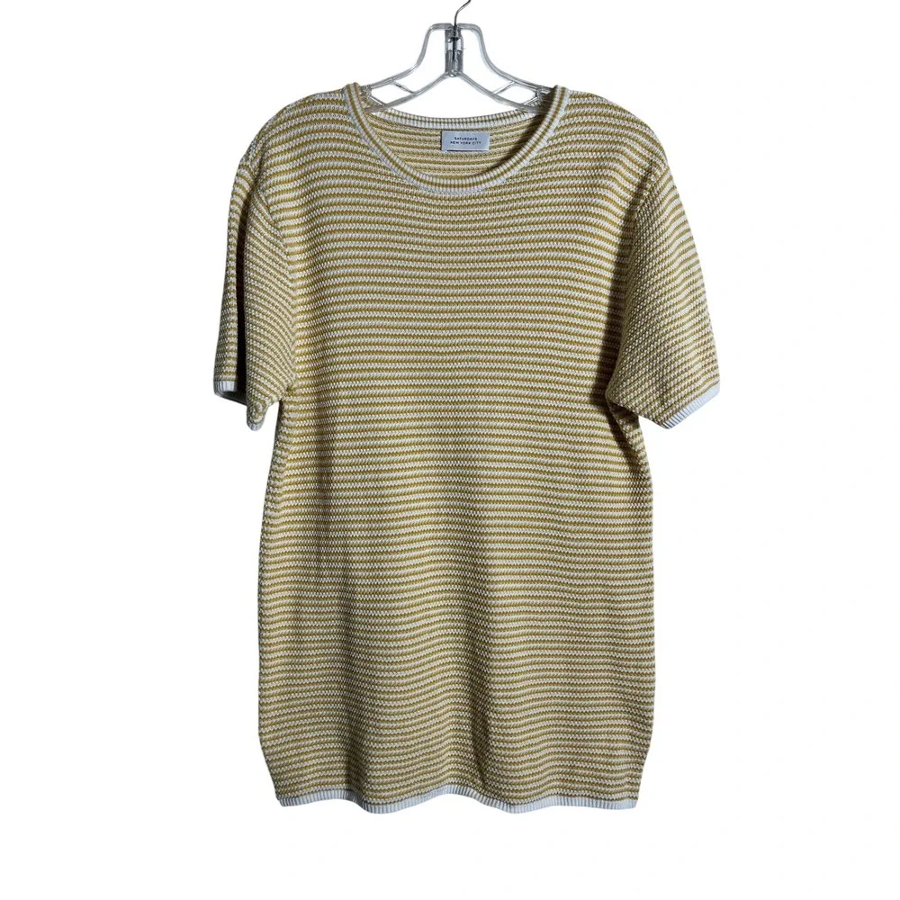 SATURDAYS NYC Short Sleeve Mustard Yellow Striped Cotton Knit Sweater Tee